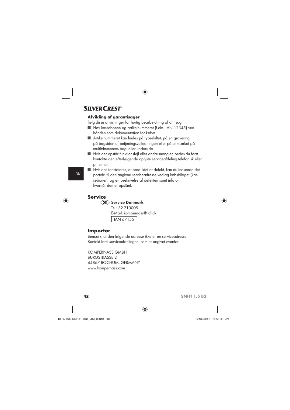 Service, Importør | Silvercrest SNHT 1.5 B2 User Manual | Page 50 / 50