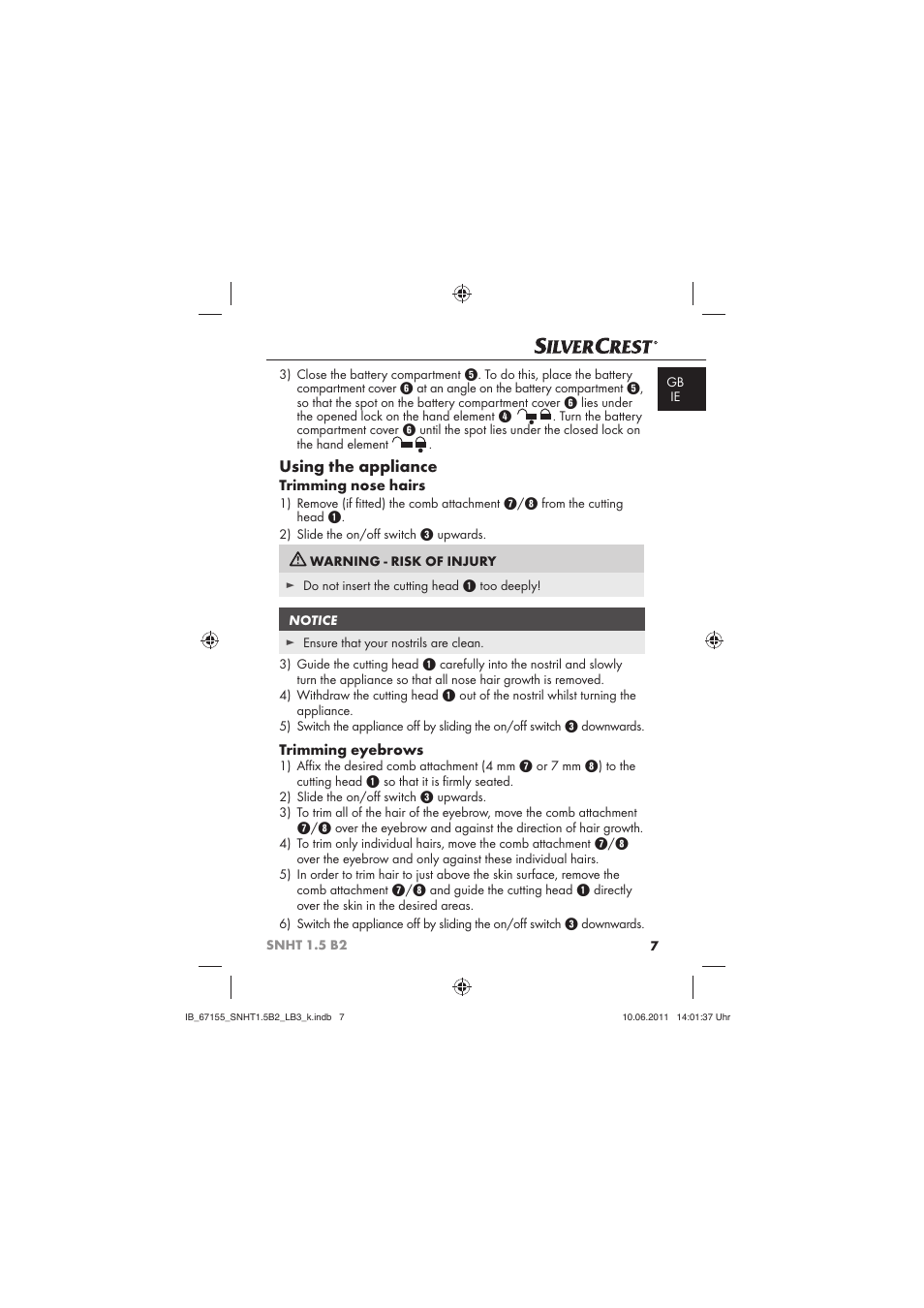 Using the appliance | Silvercrest SNHT 1.5 B2 User Manual | Page 9 / 50