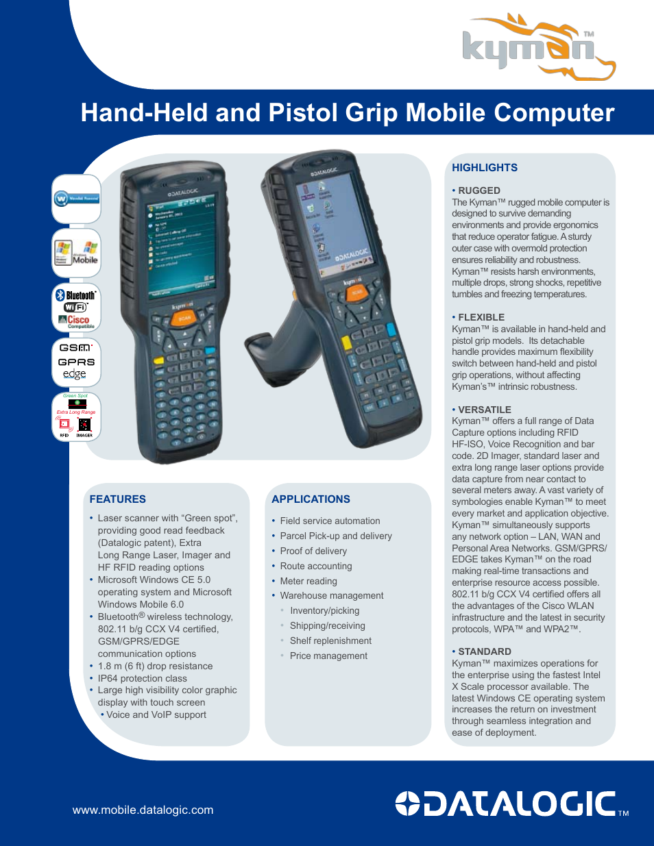 Datalogic Scanning Kyman Hand-Held and Pistol Grip Mobile Computer User Manual | 2 pages