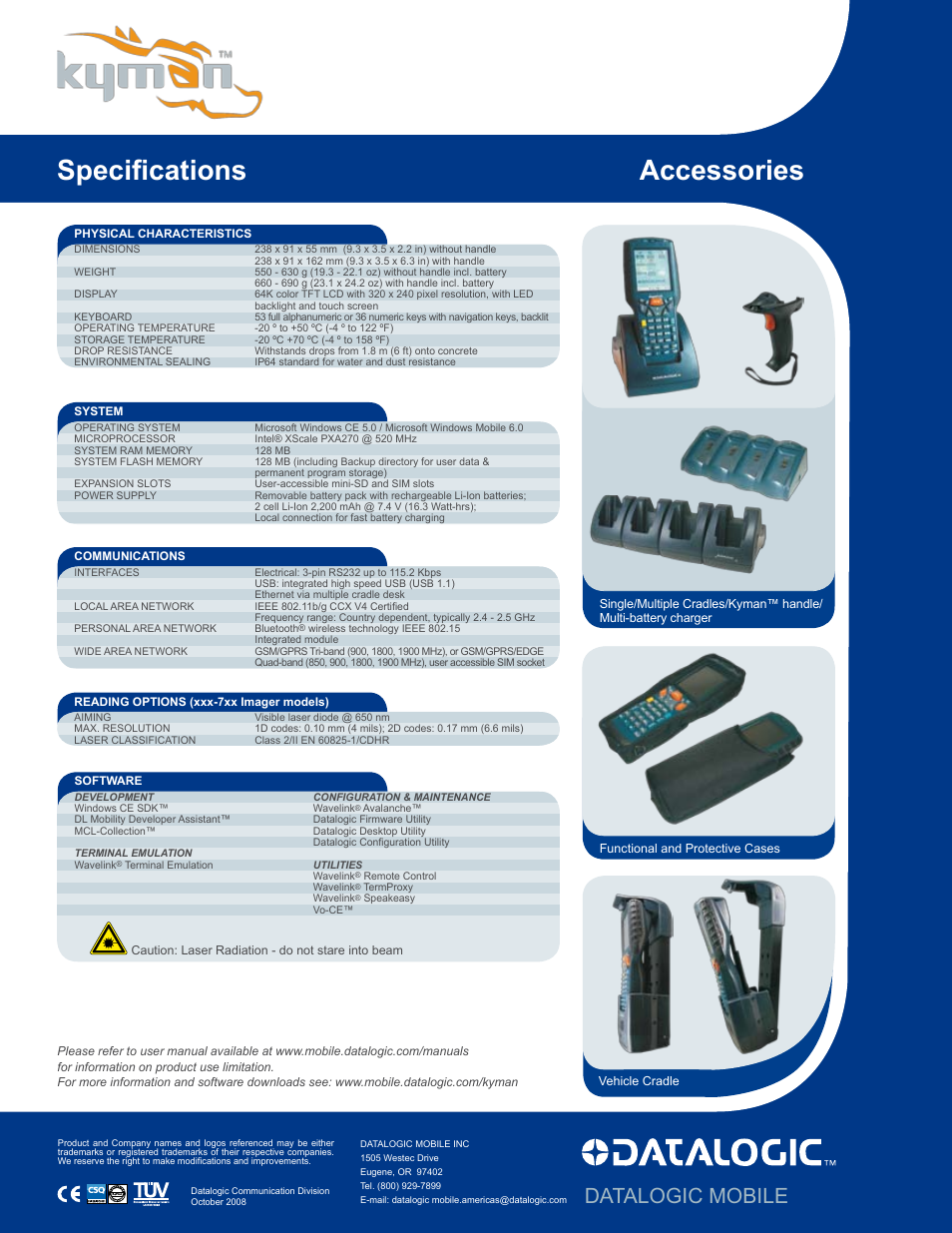 Specifications accessories, Datalogic mobile | Datalogic Scanning Kyman Hand-Held and Pistol Grip Mobile Computer User Manual | Page 2 / 2