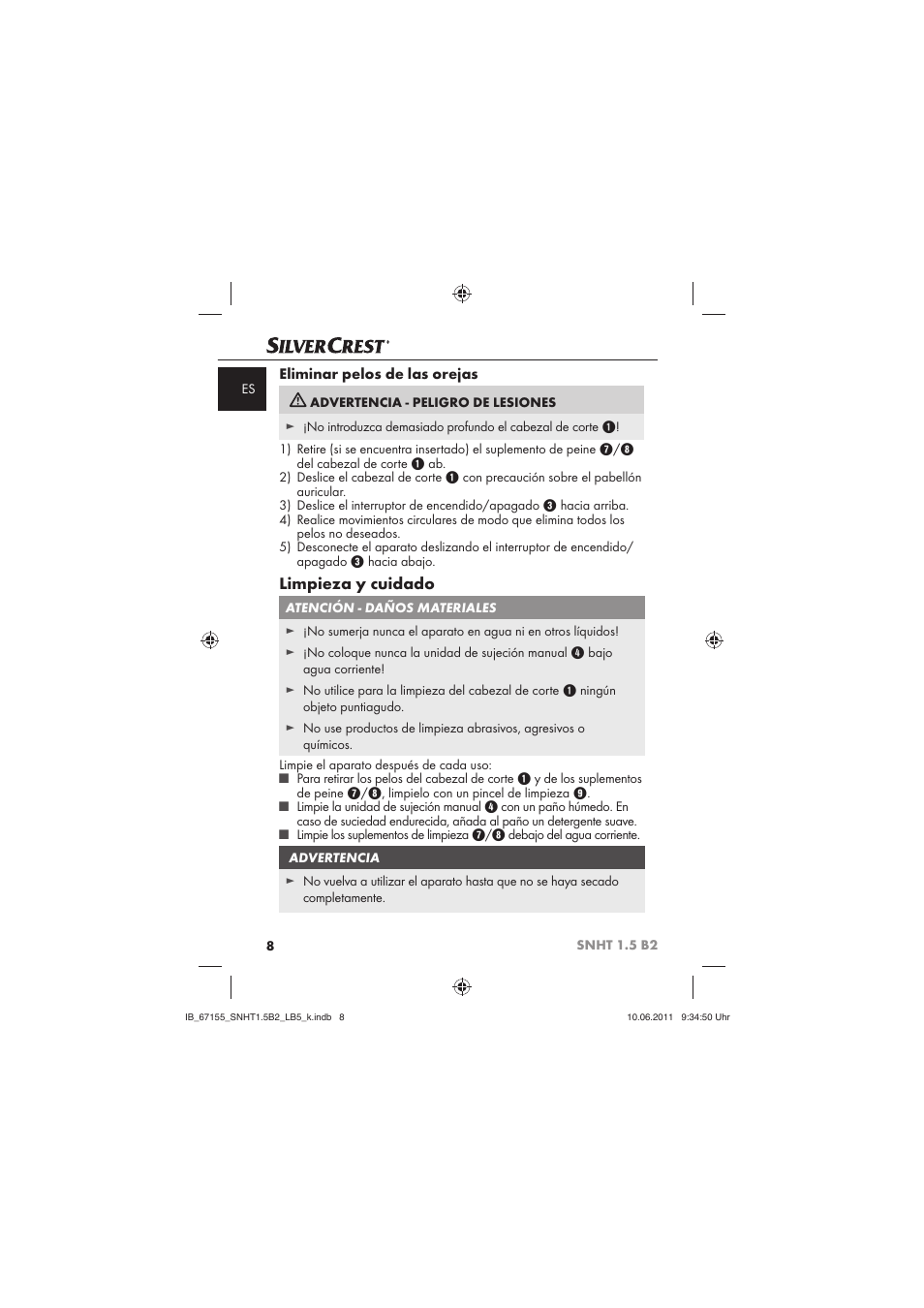 Limpieza y cuidado | Silvercrest SNHT 1.5 B2 User Manual | Page 10 / 50