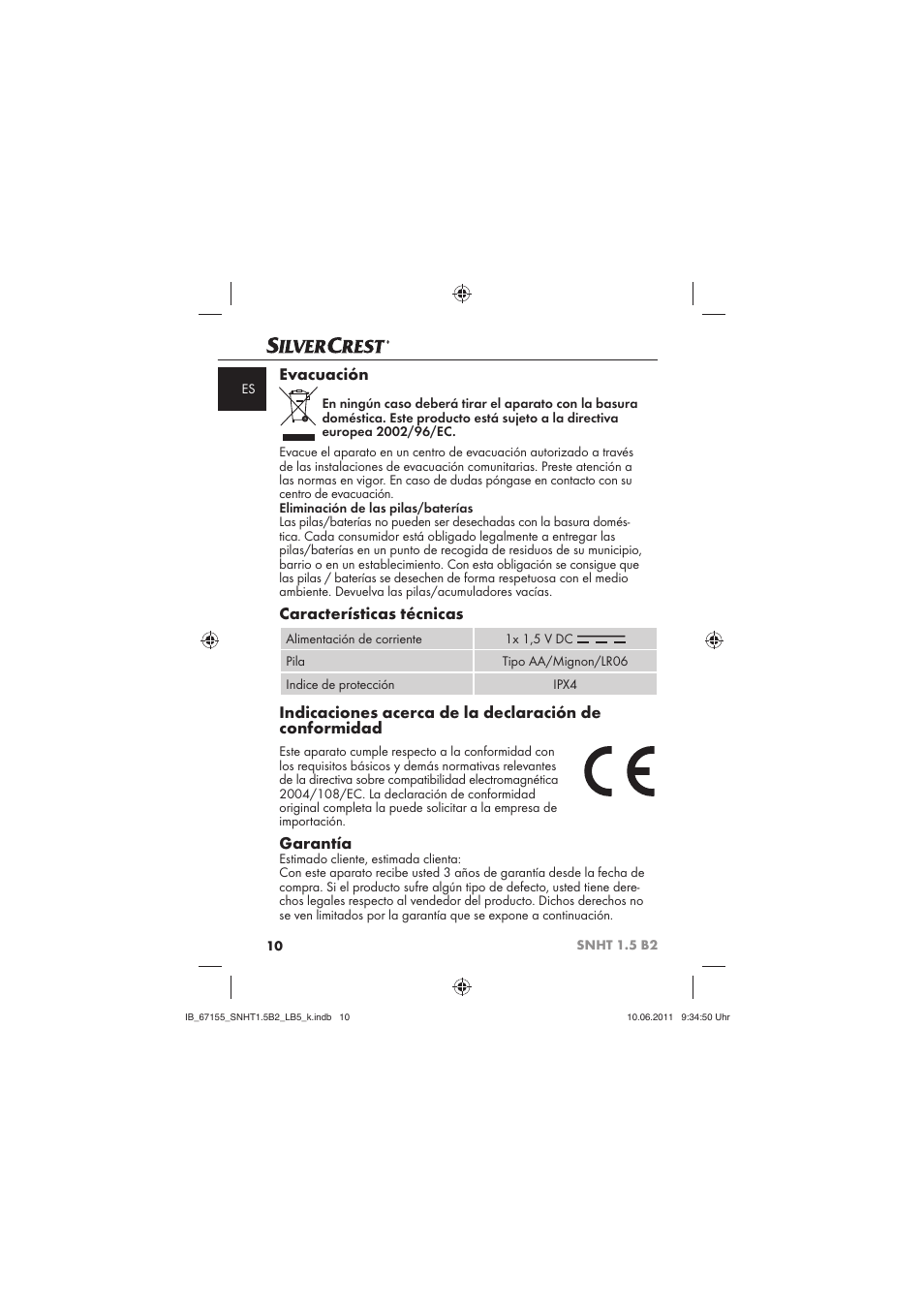 Evacuación, Características técnicas, Garantía | Silvercrest SNHT 1.5 B2 User Manual | Page 12 / 50