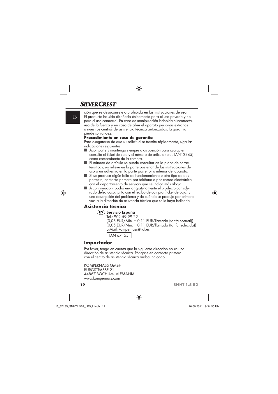 Asistencia técnica, Importador | Silvercrest SNHT 1.5 B2 User Manual | Page 14 / 50