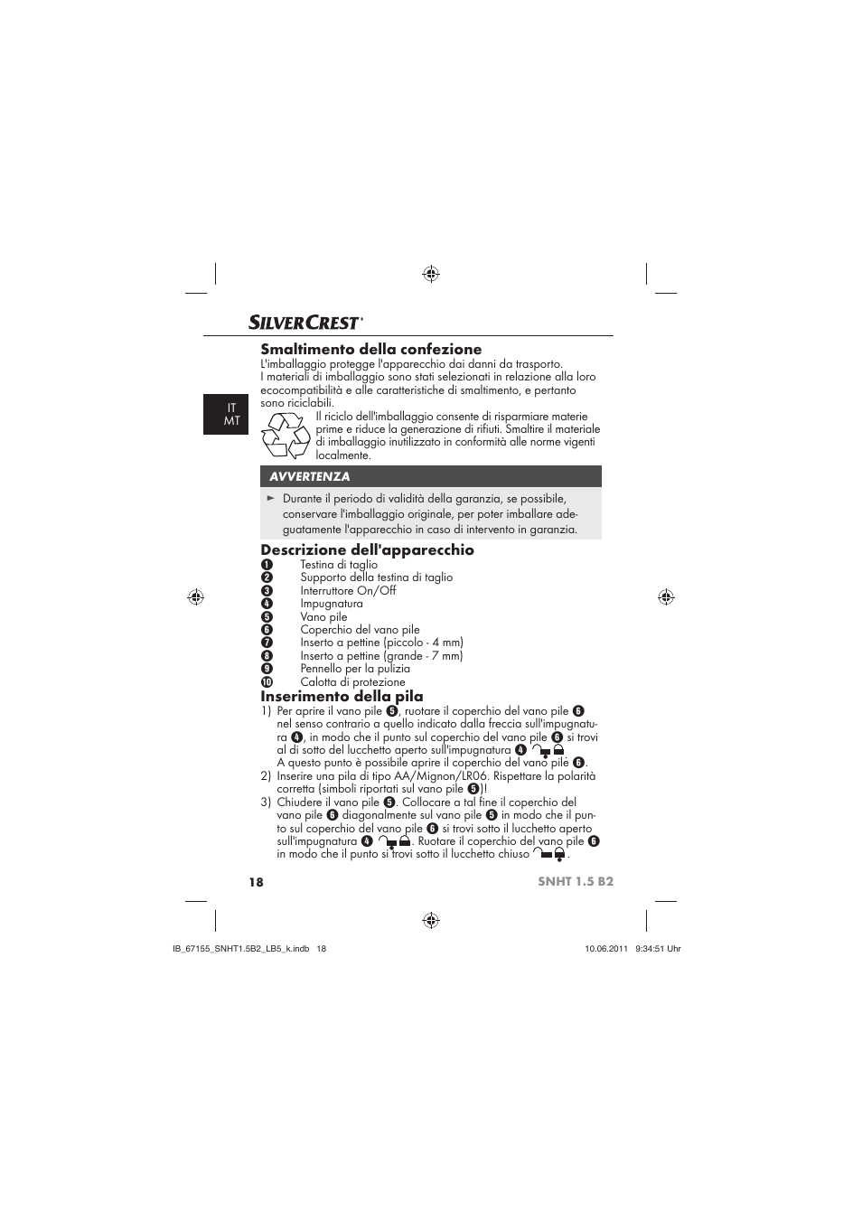 Smaltimento della confezione, Descrizione dell'apparecchio, Inserimento della pila | Silvercrest SNHT 1.5 B2 User Manual | Page 20 / 50