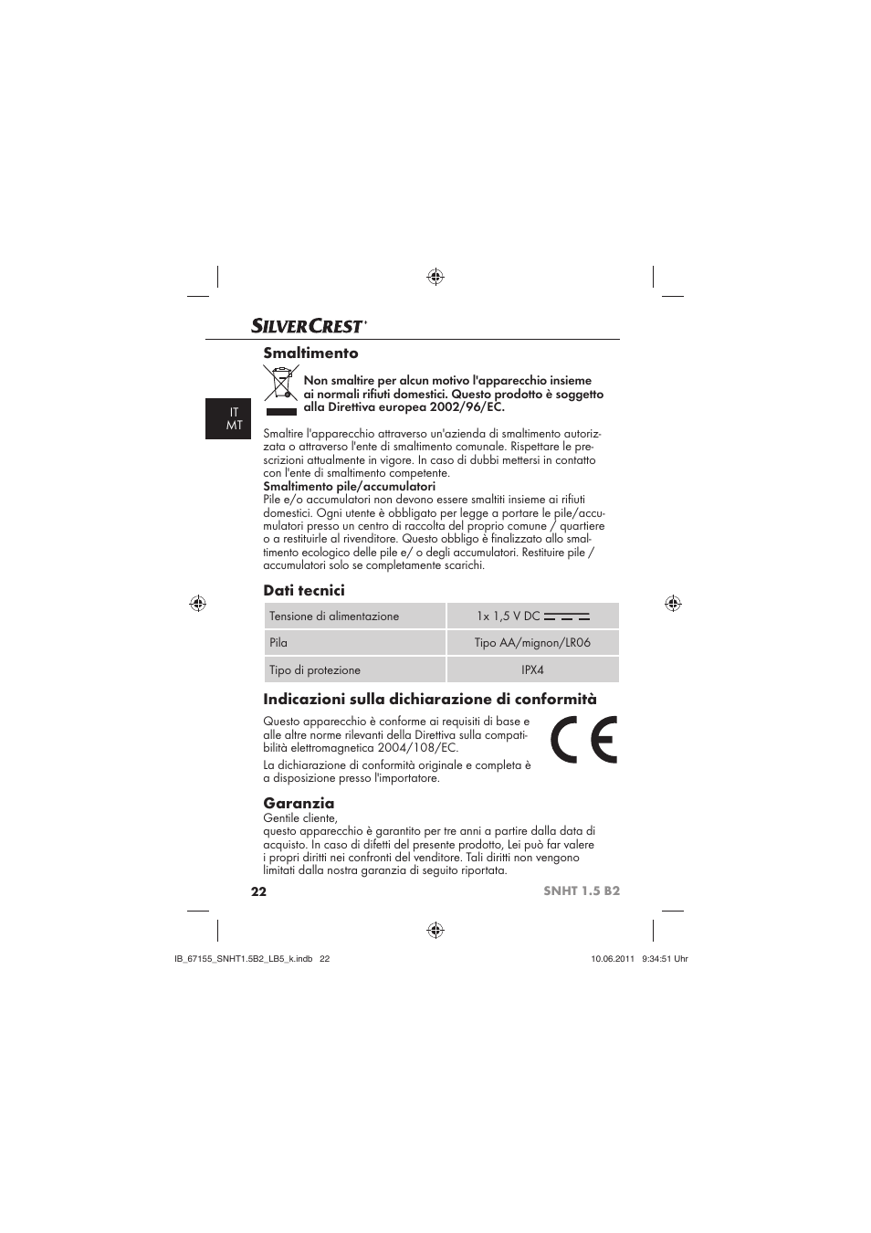 Smaltimento, Dati tecnici, Indicazioni sulla dichiarazione di conformità | Garanzia | Silvercrest SNHT 1.5 B2 User Manual | Page 24 / 50