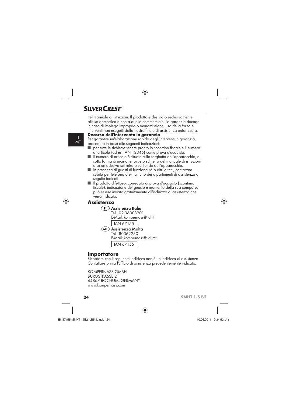 Assistenza, Importatore | Silvercrest SNHT 1.5 B2 User Manual | Page 26 / 50