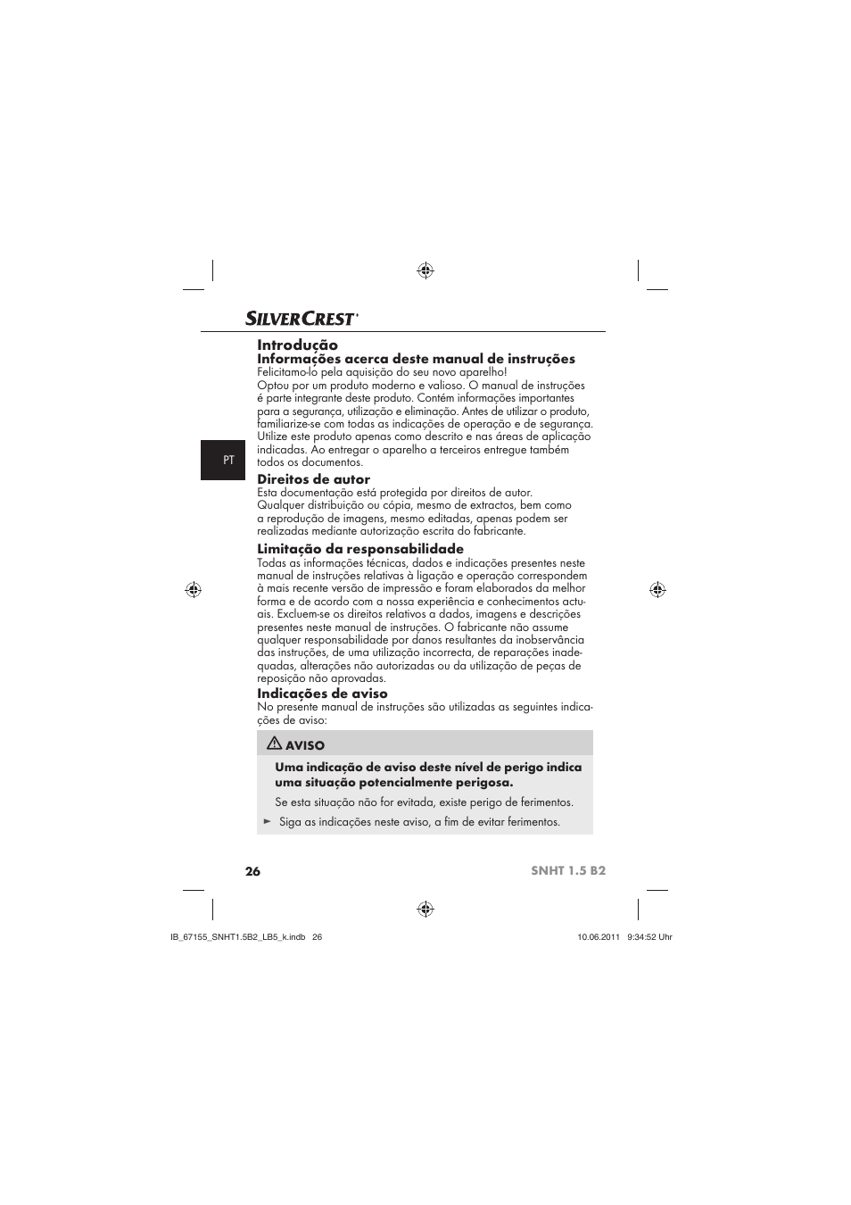 Introdução, Informações acerca deste manual de instruções, Direitos de autor | Limitação da responsabilidade, Indicações de aviso | Silvercrest SNHT 1.5 B2 User Manual | Page 28 / 50