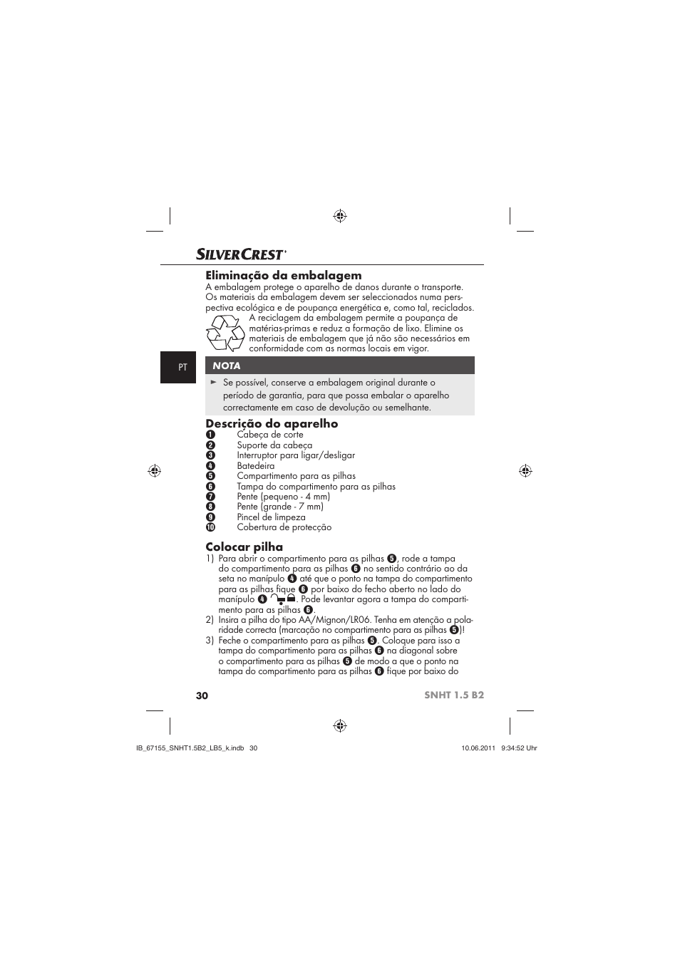 Eliminação da embalagem, Descrição do aparelho, Colocar pilha | Silvercrest SNHT 1.5 B2 User Manual | Page 32 / 50