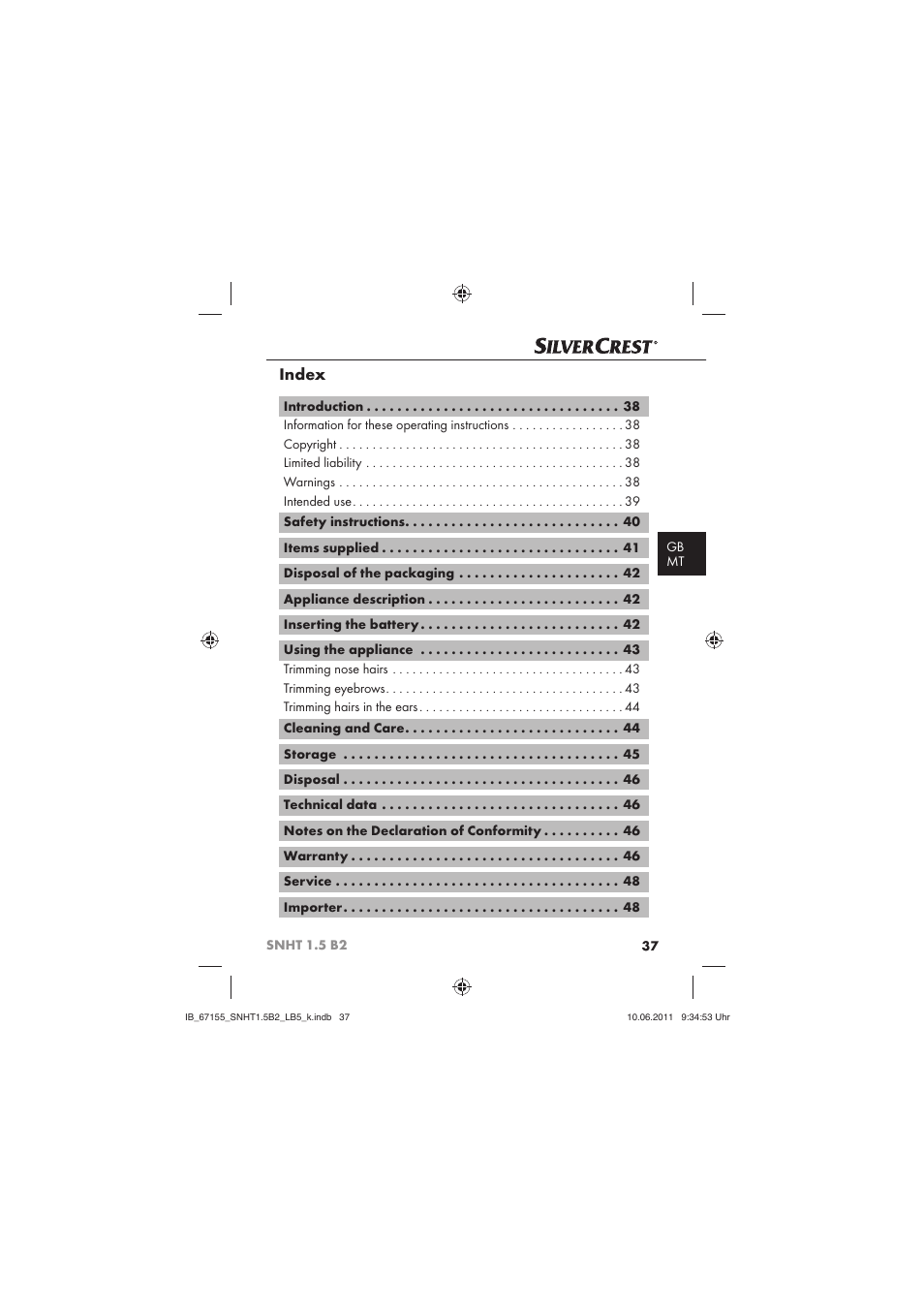 Index | Silvercrest SNHT 1.5 B2 User Manual | Page 39 / 50