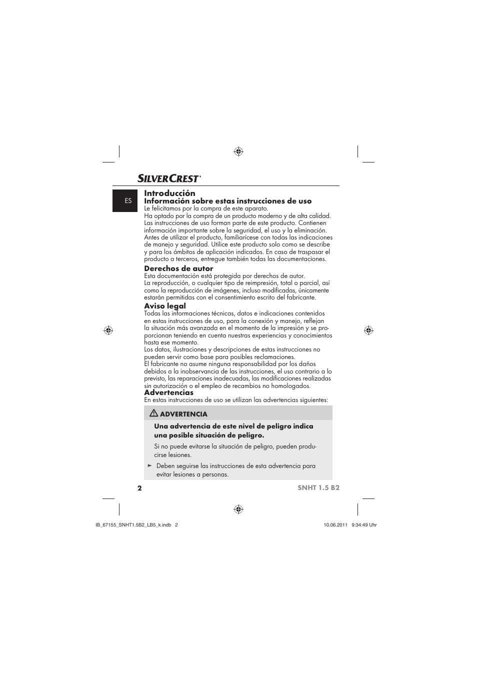 Introducción, Información sobre estas instrucciones de uso, Derechos de autor | Aviso legal, Advertencias | Silvercrest SNHT 1.5 B2 User Manual | Page 4 / 50