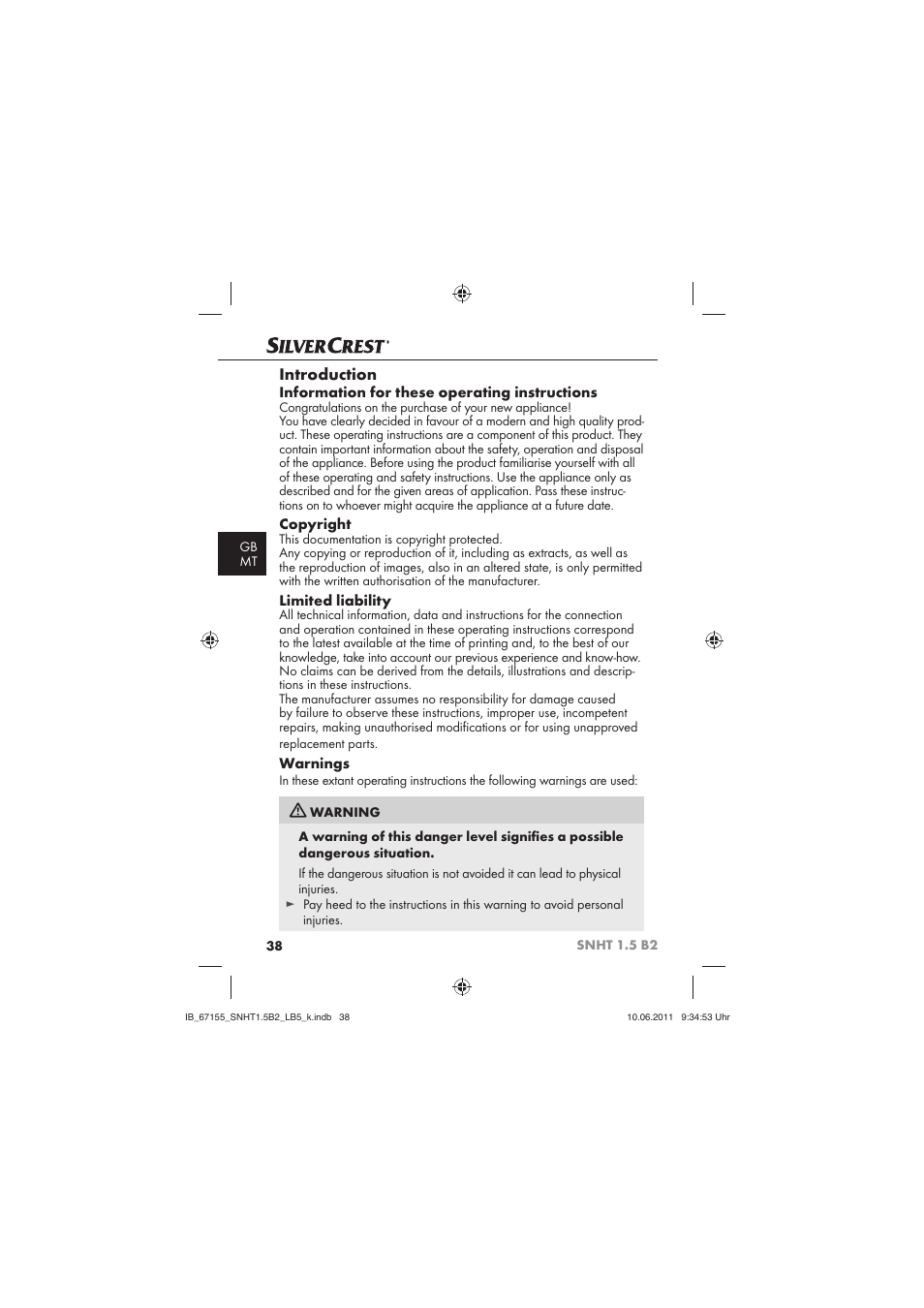 Introduction, Information for these operating instructions, Copyright | Limited liability, Warnings | Silvercrest SNHT 1.5 B2 User Manual | Page 40 / 50