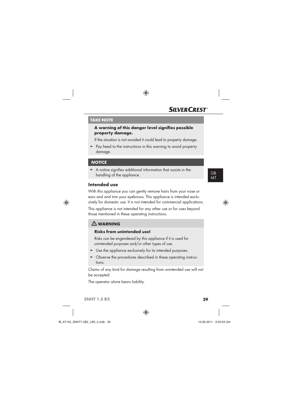 Intended use | Silvercrest SNHT 1.5 B2 User Manual | Page 41 / 50