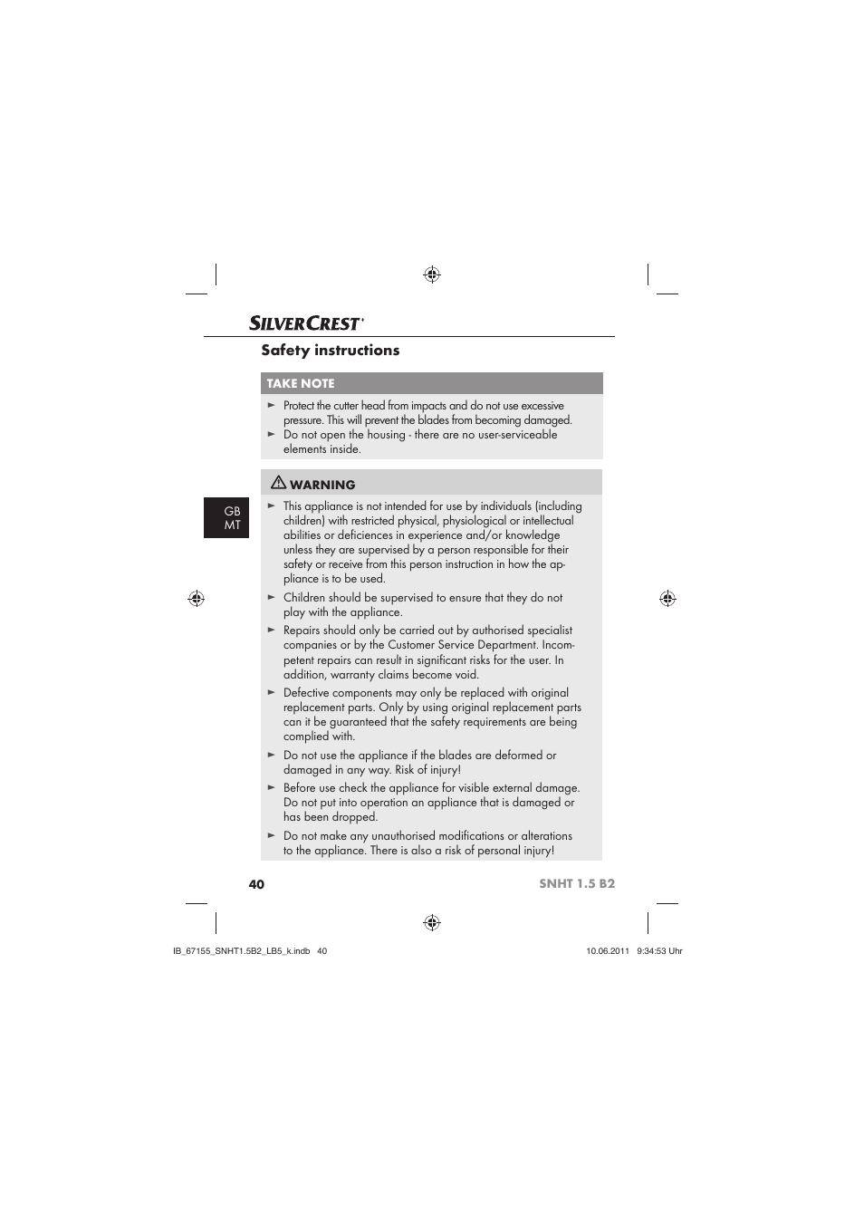 Safety instructions | Silvercrest SNHT 1.5 B2 User Manual | Page 42 / 50