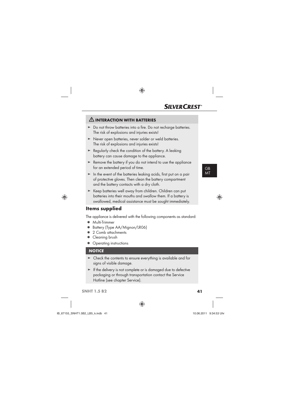 Items supplied | Silvercrest SNHT 1.5 B2 User Manual | Page 43 / 50