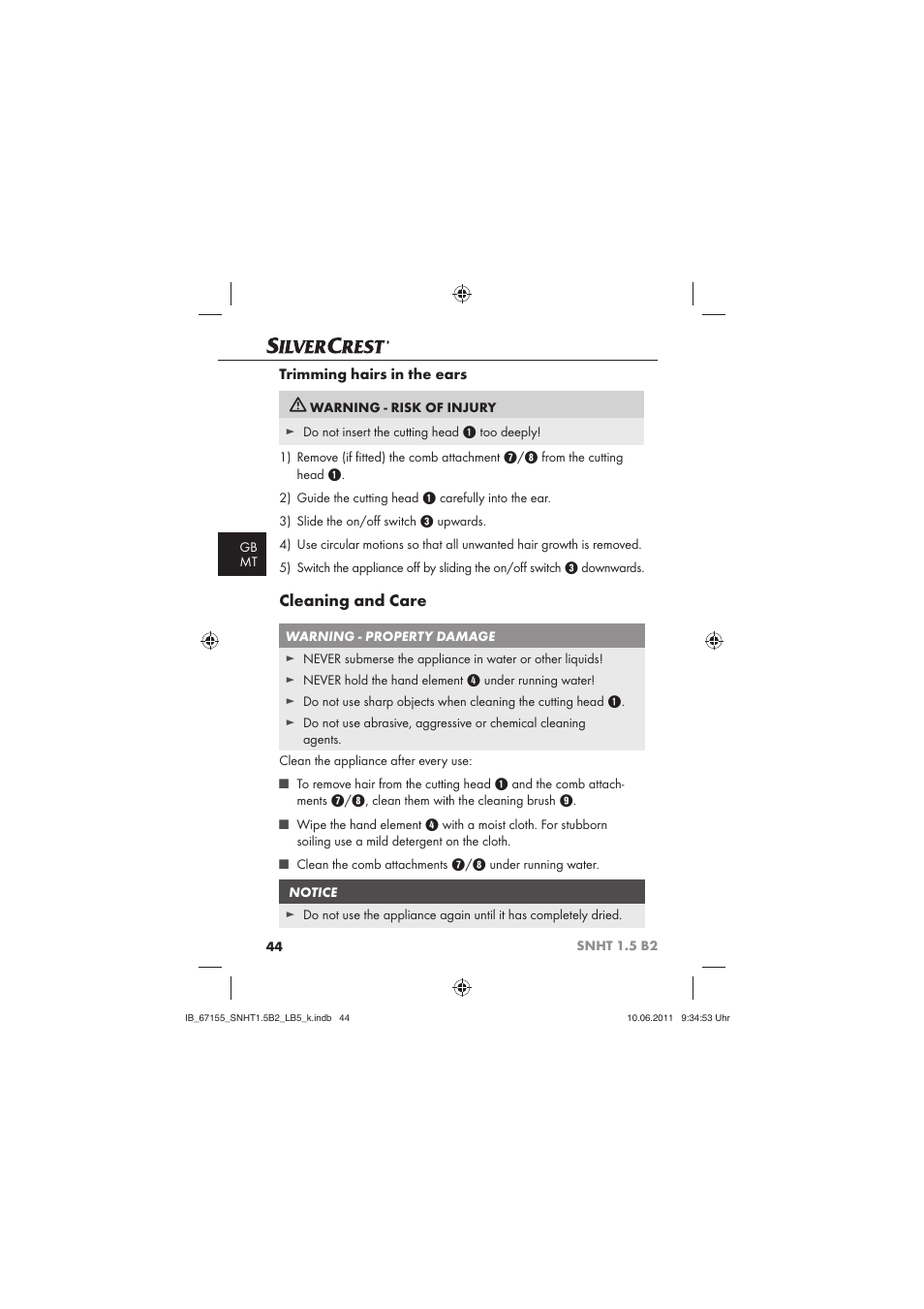 Cleaning and care | Silvercrest SNHT 1.5 B2 User Manual | Page 46 / 50