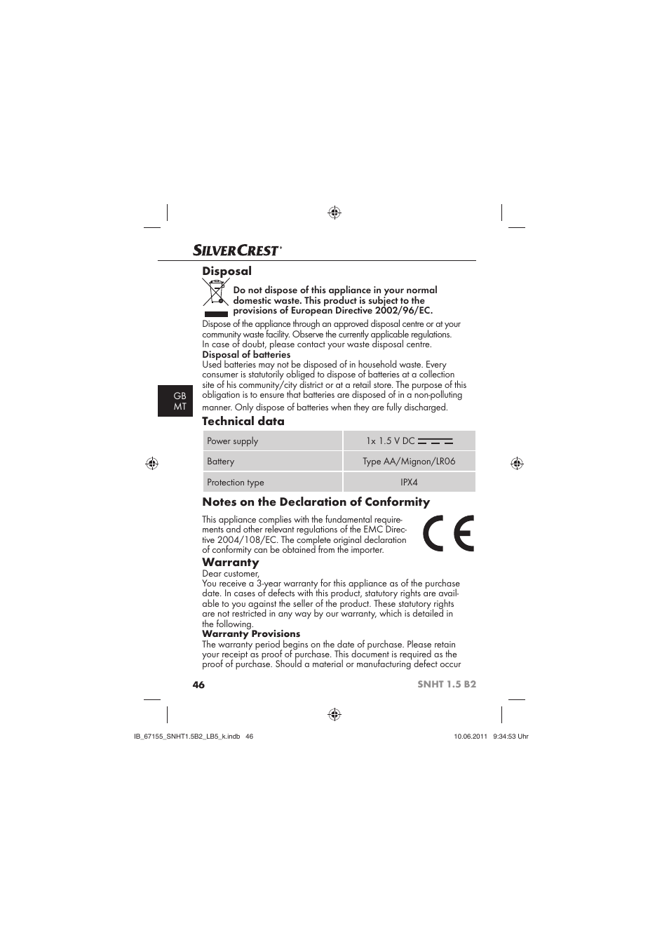 Disposal, Technical data, Warranty | Silvercrest SNHT 1.5 B2 User Manual | Page 48 / 50