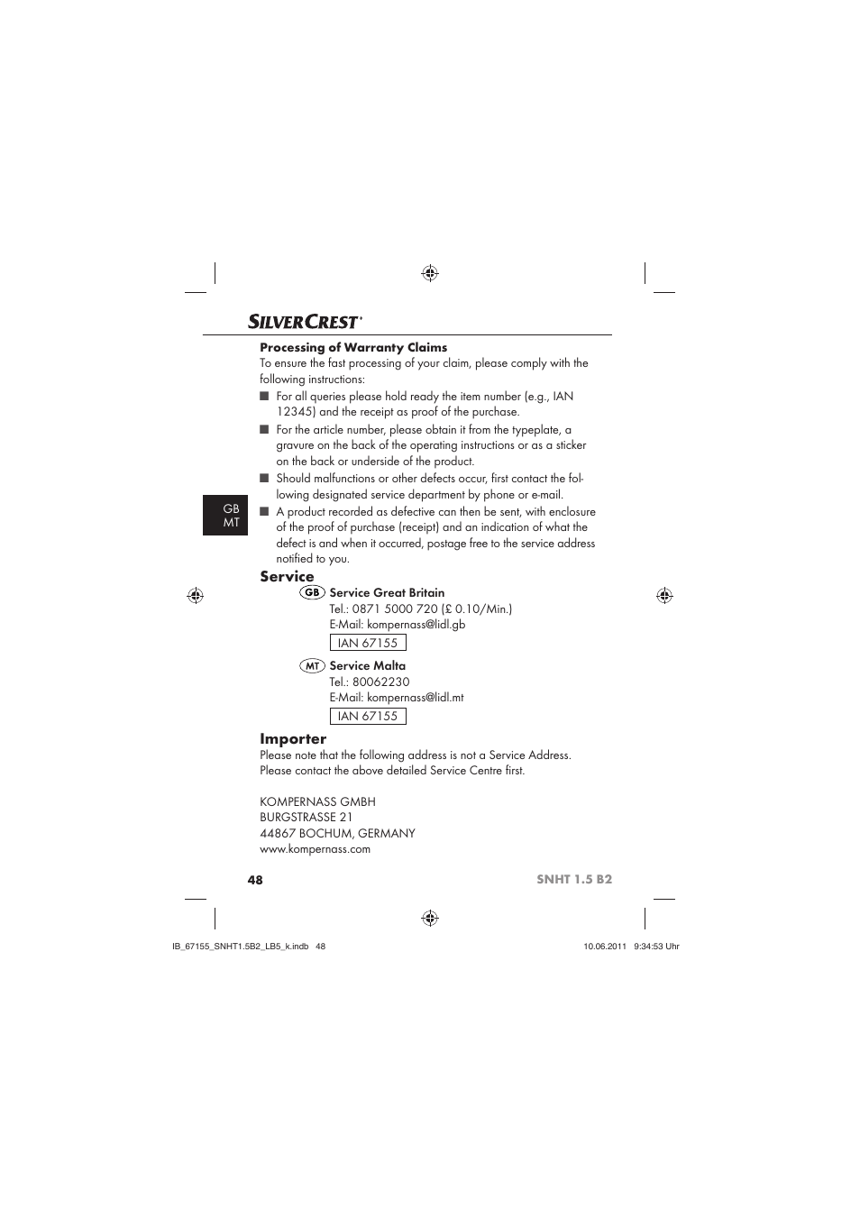 Service, Importer | Silvercrest SNHT 1.5 B2 User Manual | Page 50 / 50