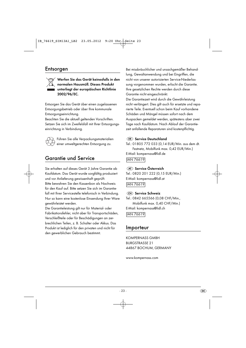 Entsorgen, Garantie und service, Importeur | Silvercrest SIM 13 A1 User Manual | Page 25 / 33