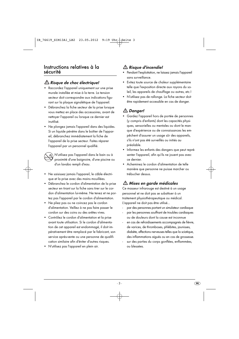 Instructions relatives à la sécurité, Risque de choc électrique, Risque d'incendie | Danger, Mises en garde médicales | Silvercrest SIM 13 A1 User Manual | Page 5 / 33