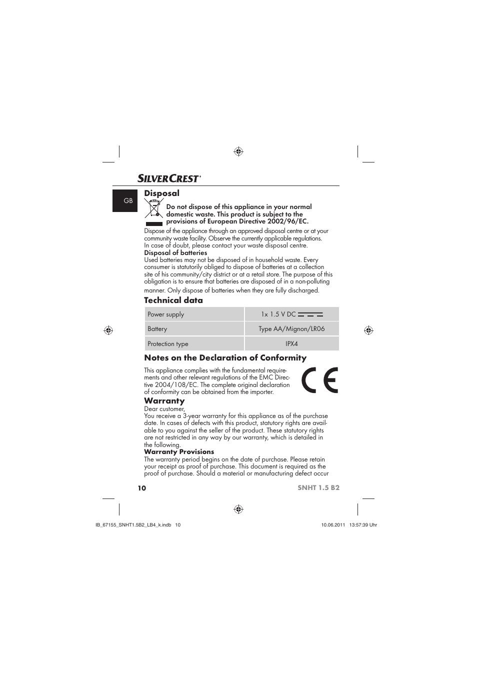 Disposal, Technical data, Warranty | Silvercrest SNHT 1.5 B2 User Manual | Page 12 / 74