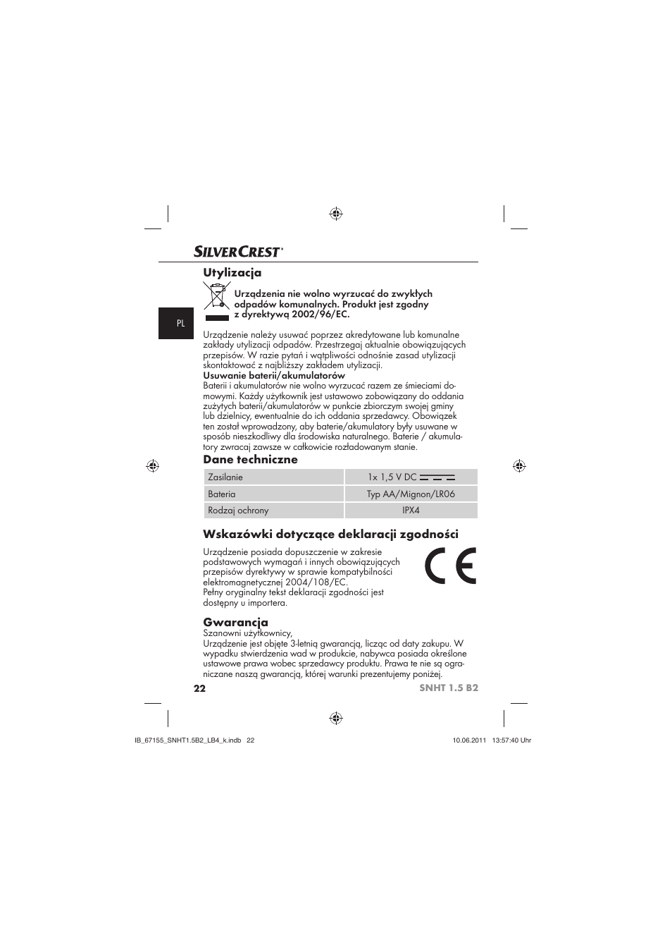 Utylizacja, Dane techniczne, Wskazówki dotyczące deklaracji zgodności | Gwarancja | Silvercrest SNHT 1.5 B2 User Manual | Page 24 / 74