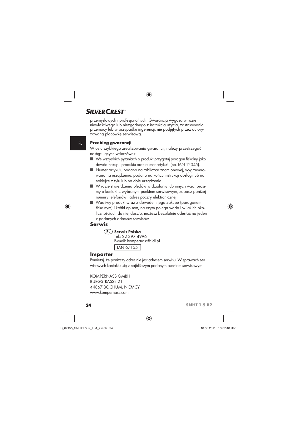 Serwis, Importer | Silvercrest SNHT 1.5 B2 User Manual | Page 26 / 74