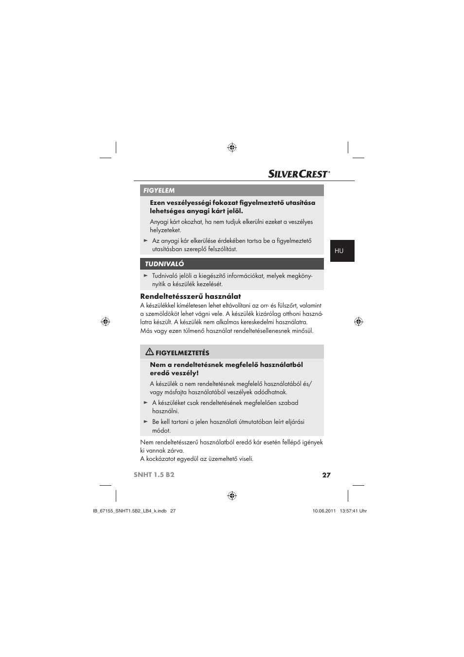 Rendeltetésszerű használat | Silvercrest SNHT 1.5 B2 User Manual | Page 29 / 74