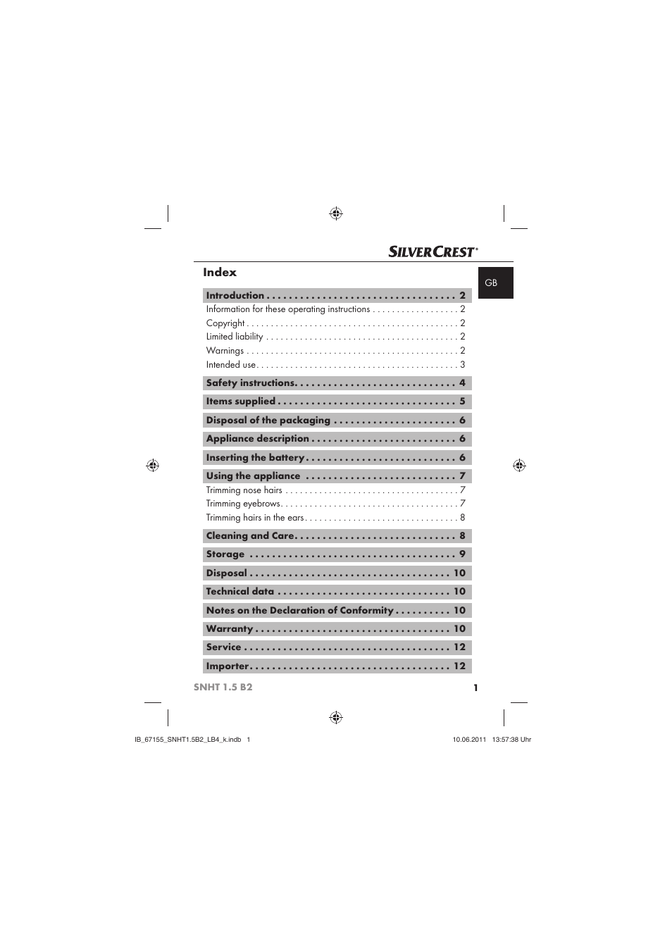 Index | Silvercrest SNHT 1.5 B2 User Manual | Page 3 / 74