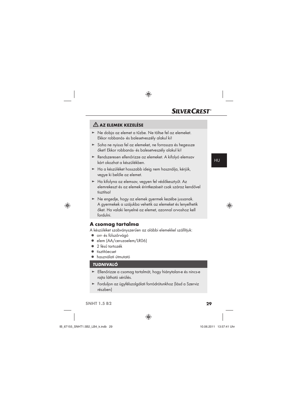 A csomag tartalma | Silvercrest SNHT 1.5 B2 User Manual | Page 31 / 74