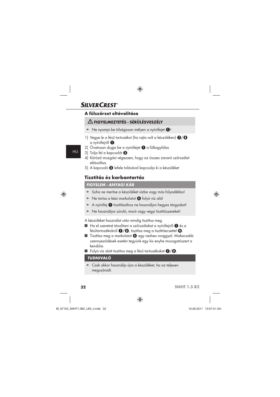 Tisztítás és karbantartás | Silvercrest SNHT 1.5 B2 User Manual | Page 34 / 74