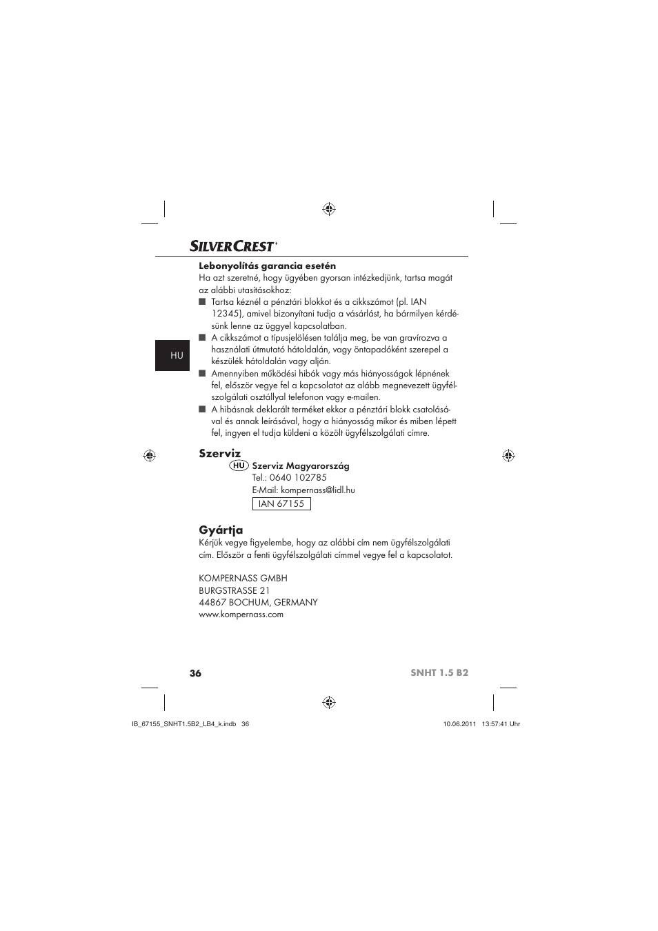 Szerviz, Gyártja | Silvercrest SNHT 1.5 B2 User Manual | Page 38 / 74