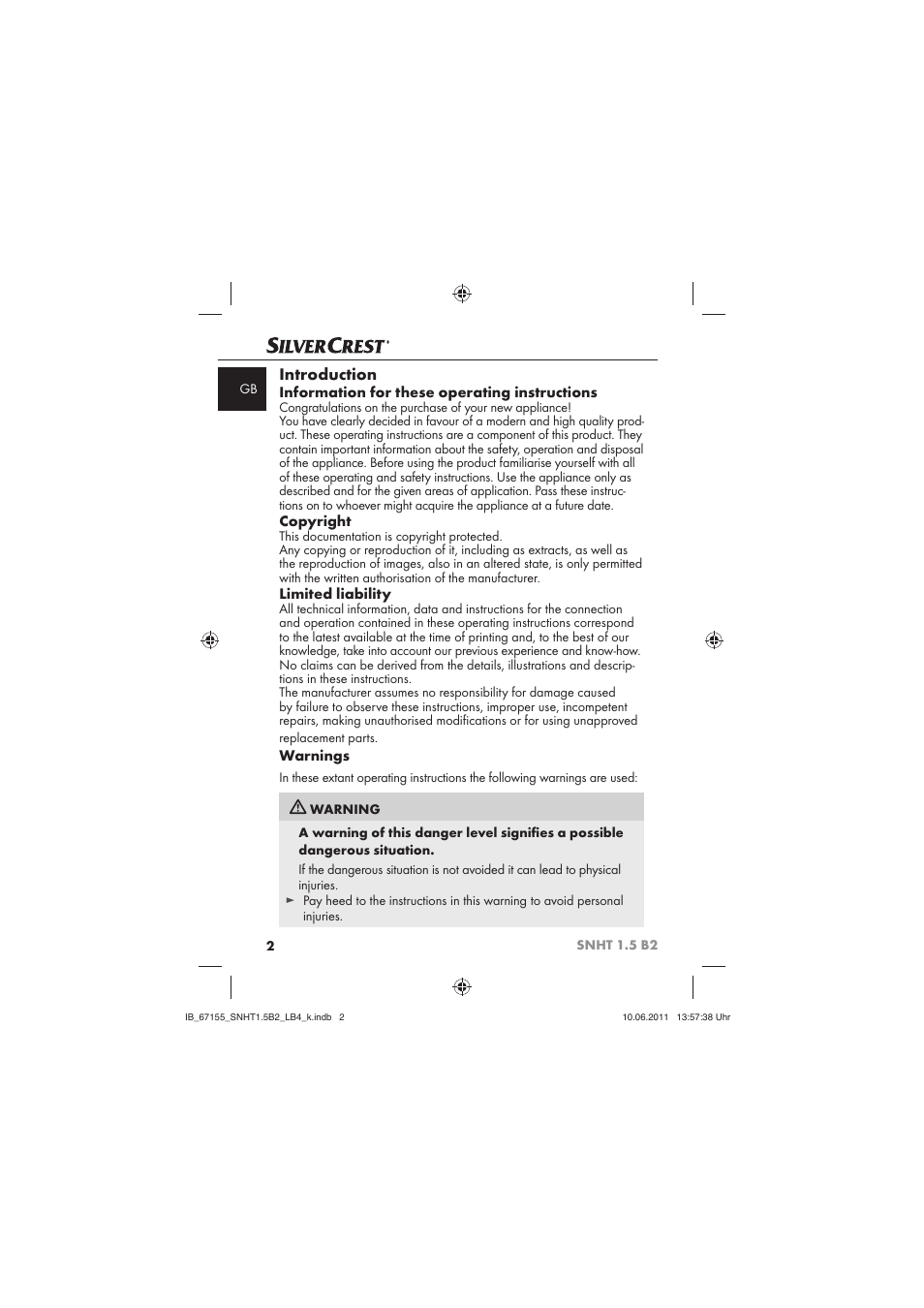 Introduction, Information for these operating instructions, Copyright | Limited liability, Warnings | Silvercrest SNHT 1.5 B2 User Manual | Page 4 / 74