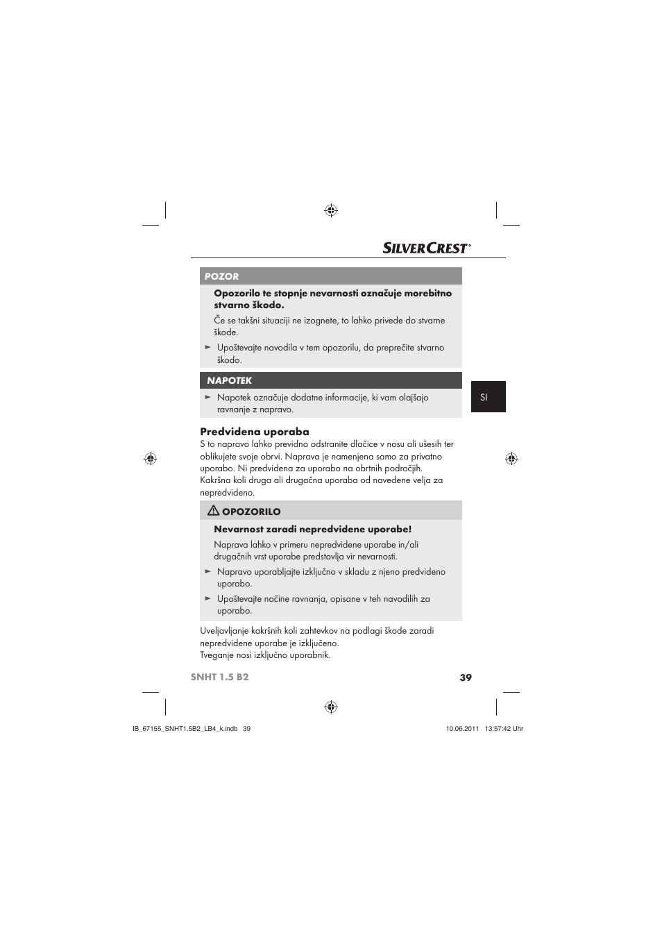 Predvidena uporaba | Silvercrest SNHT 1.5 B2 User Manual | Page 41 / 74