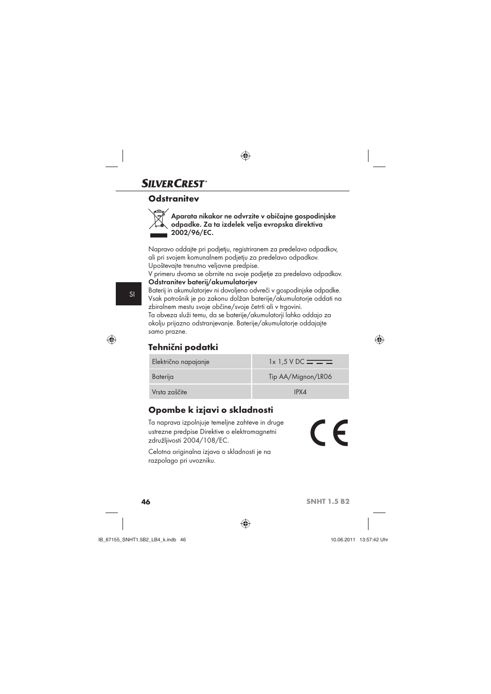 Odstranitev, Tehnični podatki, Opombe k izjavi o skladnosti | Silvercrest SNHT 1.5 B2 User Manual | Page 48 / 74