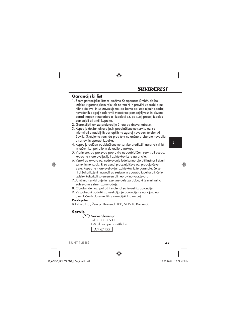 Garancijski list, Servis | Silvercrest SNHT 1.5 B2 User Manual | Page 49 / 74
