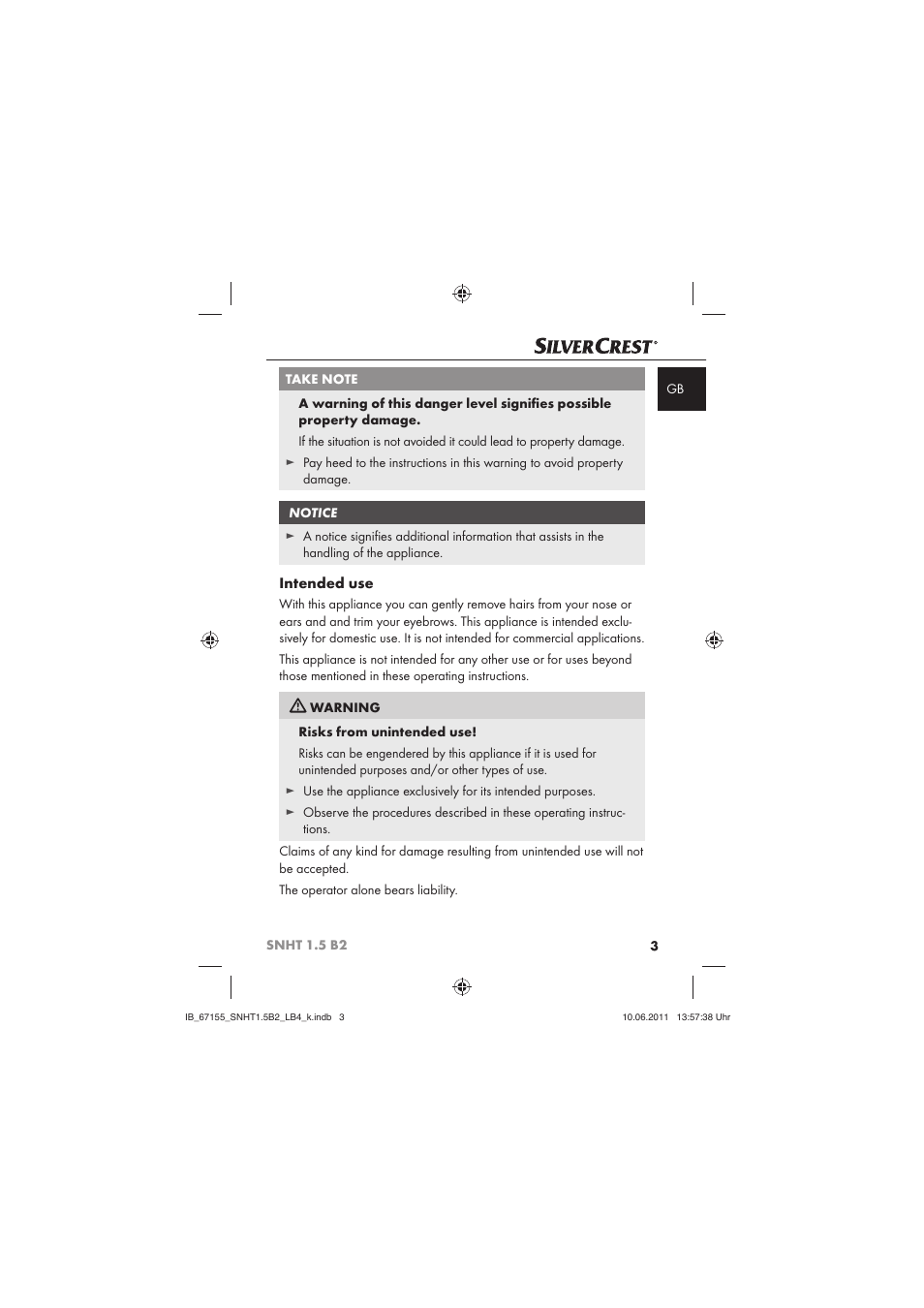 Intended use | Silvercrest SNHT 1.5 B2 User Manual | Page 5 / 74