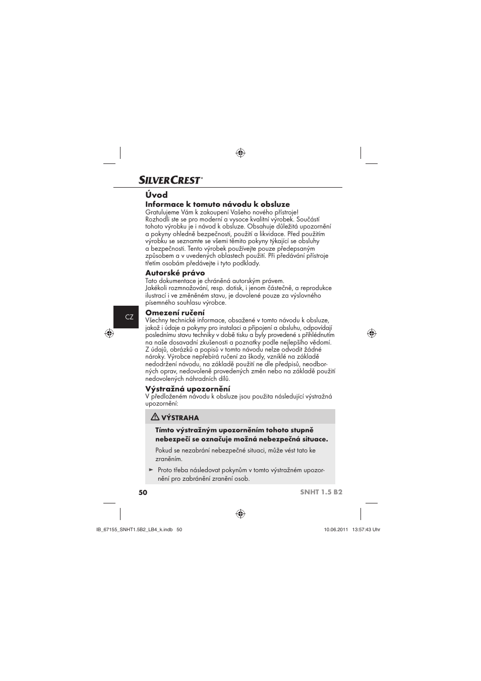 Úvod, Informace k tomuto návodu k obsluze, Autorské právo | Omezení ručení, Výstražná upozornění | Silvercrest SNHT 1.5 B2 User Manual | Page 52 / 74