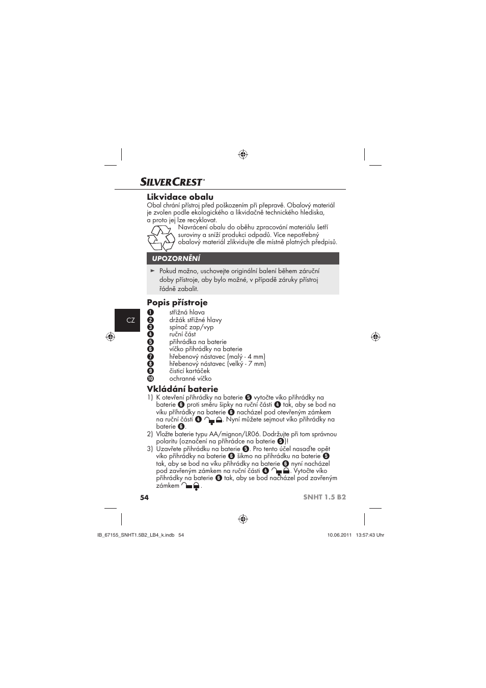 Likvidace obalu, Popis přístroje, Vkládání baterie | Silvercrest SNHT 1.5 B2 User Manual | Page 56 / 74