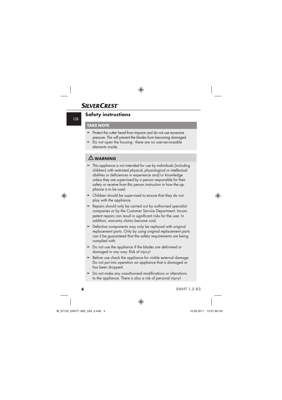 Safety instructions | Silvercrest SNHT 1.5 B2 User Manual | Page 6 / 74