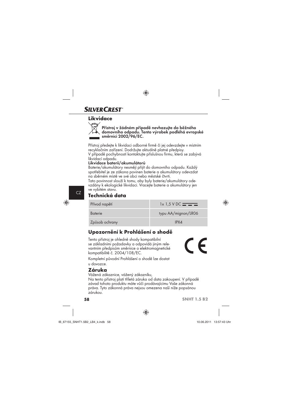 Likvidace, Technická data, Upozornění k prohlášení o shodě | Záruka | Silvercrest SNHT 1.5 B2 User Manual | Page 60 / 74