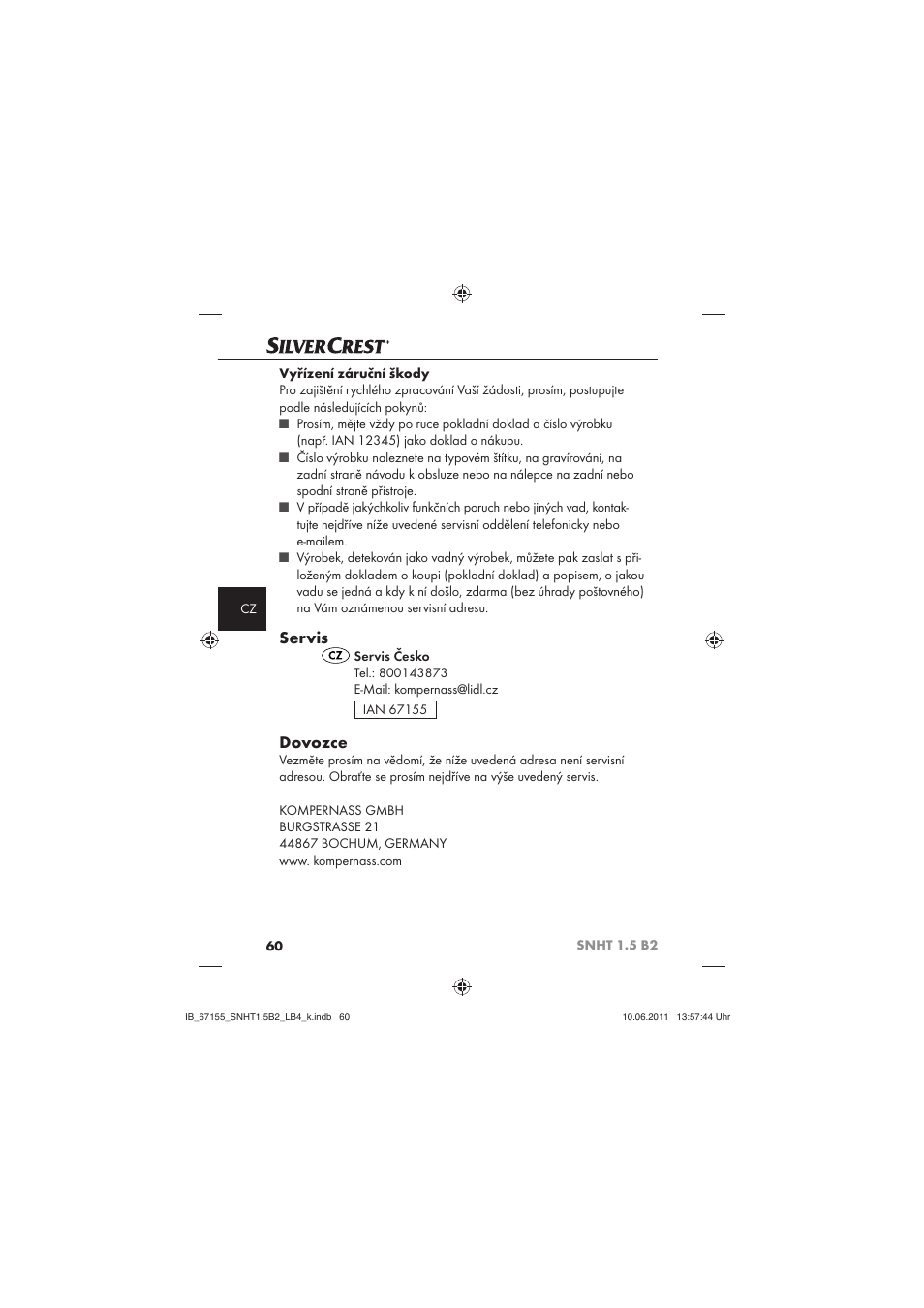 Servis, Dovozce | Silvercrest SNHT 1.5 B2 User Manual | Page 62 / 74