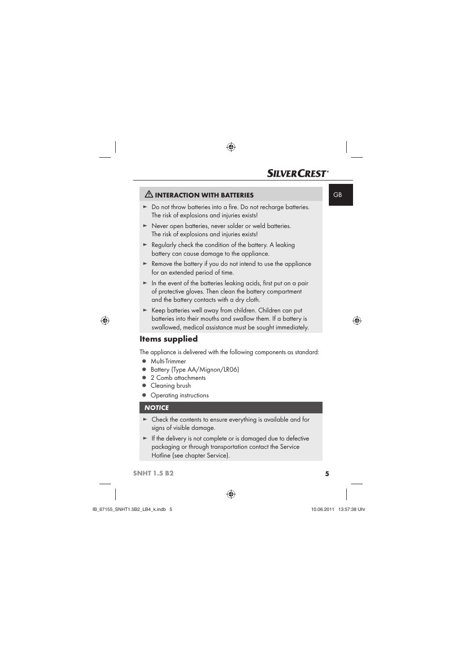 Items supplied | Silvercrest SNHT 1.5 B2 User Manual | Page 7 / 74