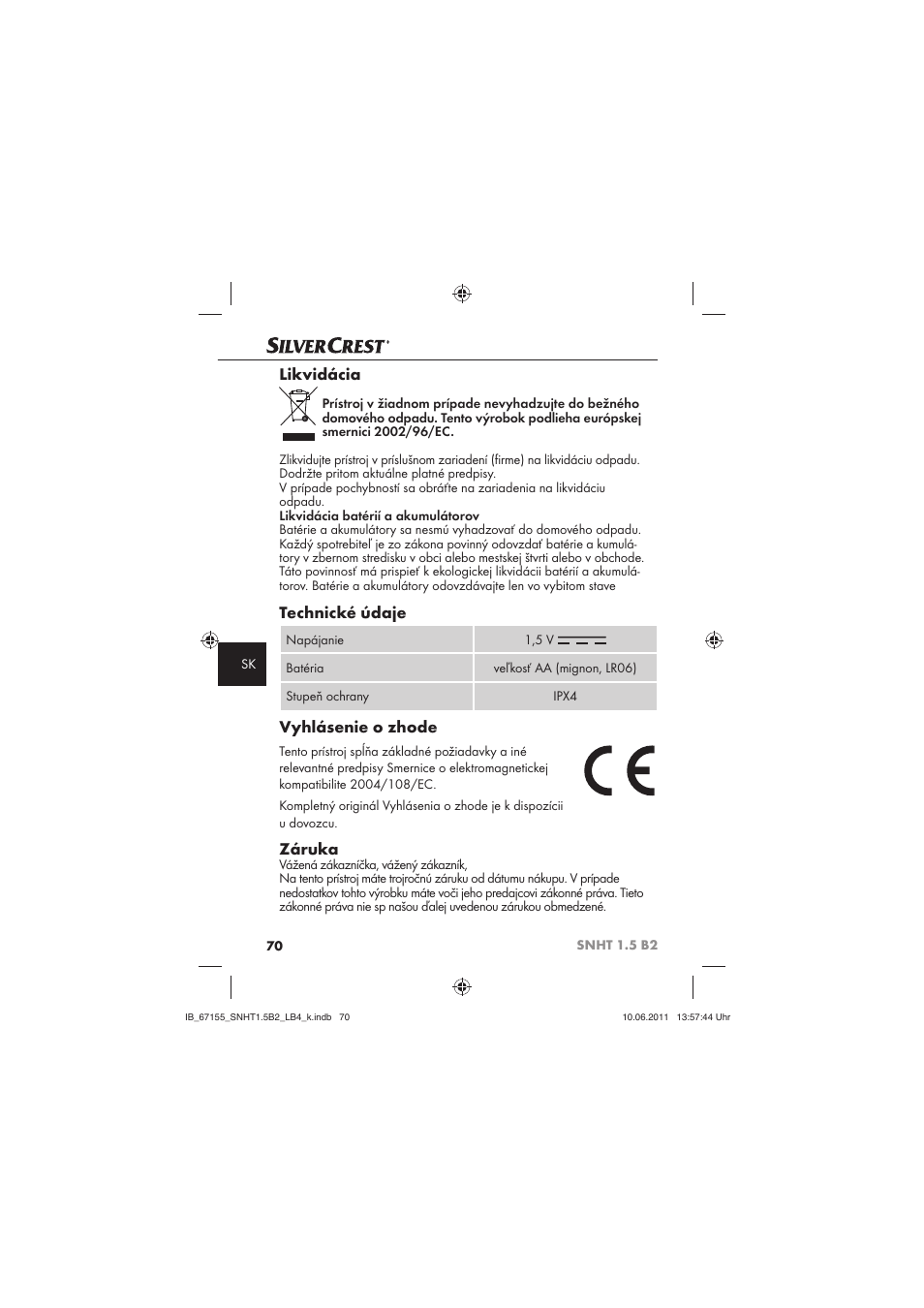 Likvidácia, Technické údaje, Vyhlásenie o zhode | Záruka | Silvercrest SNHT 1.5 B2 User Manual | Page 72 / 74