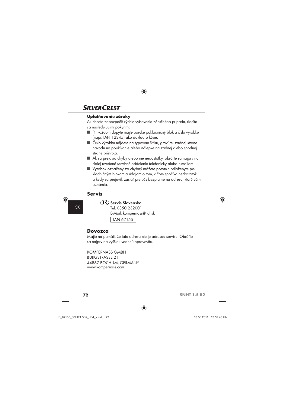 Servis, Dovozca | Silvercrest SNHT 1.5 B2 User Manual | Page 74 / 74