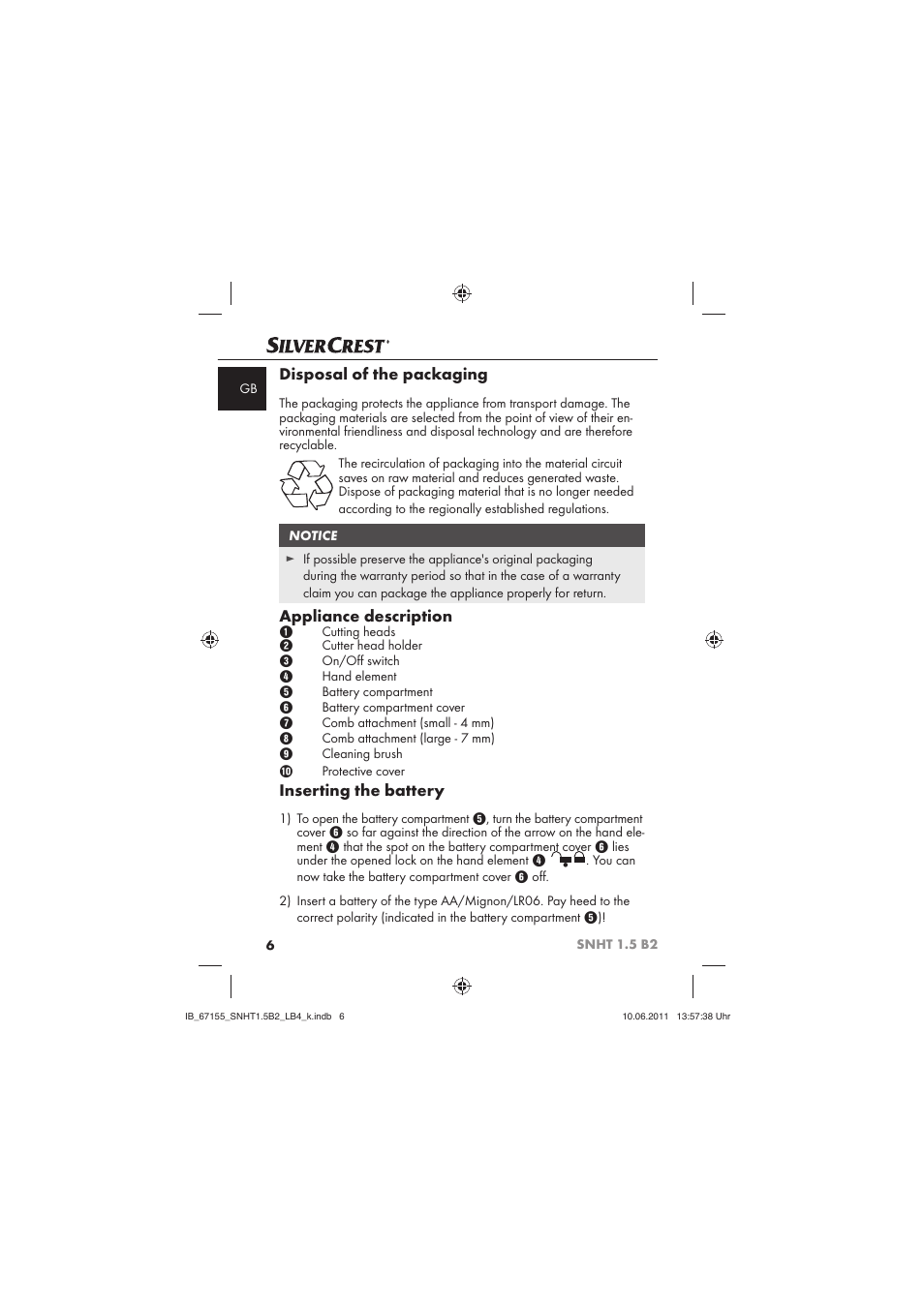 Disposal of the packaging, Appliance description, Inserting the battery | Silvercrest SNHT 1.5 B2 User Manual | Page 8 / 74