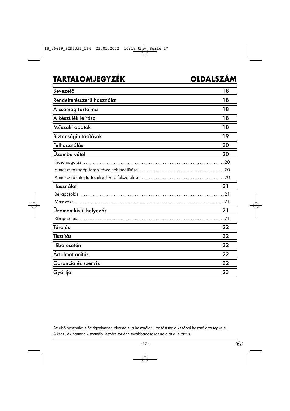 Tartalomjegyzék oldalszám | Silvercrest SIM 13 A1 User Manual | Page 19 / 57