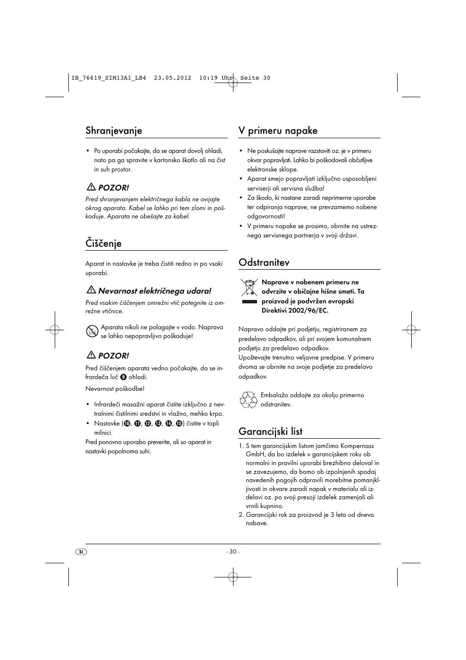 Shranjevanje, Čiščenje, V primeru napake | Odstranitev, Garancijski list | Silvercrest SIM 13 A1 User Manual | Page 32 / 57