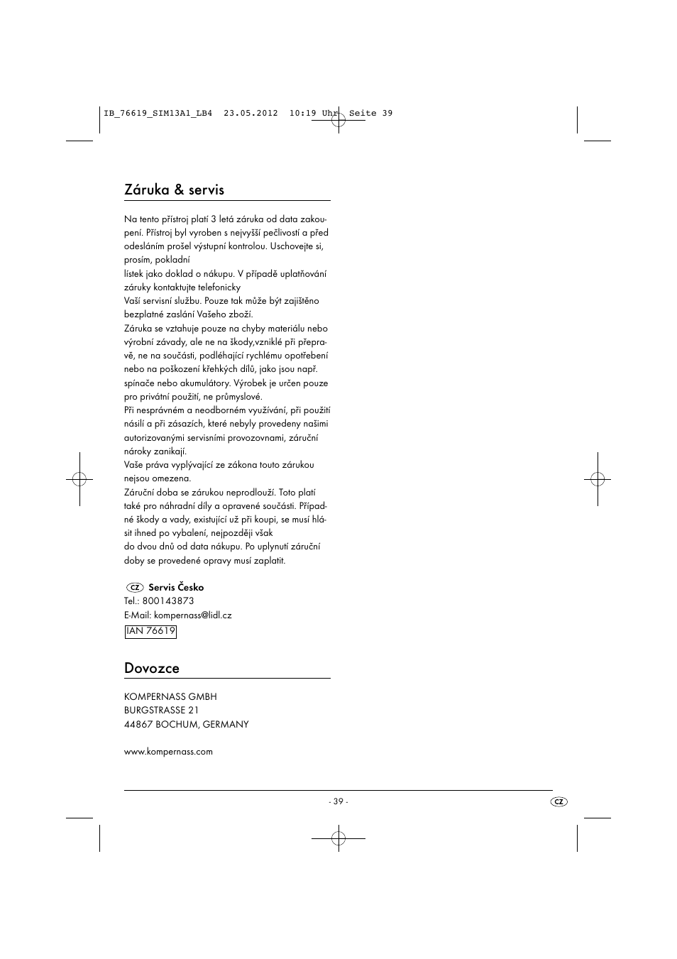 Záruka & servis, Dovozce | Silvercrest SIM 13 A1 User Manual | Page 41 / 57