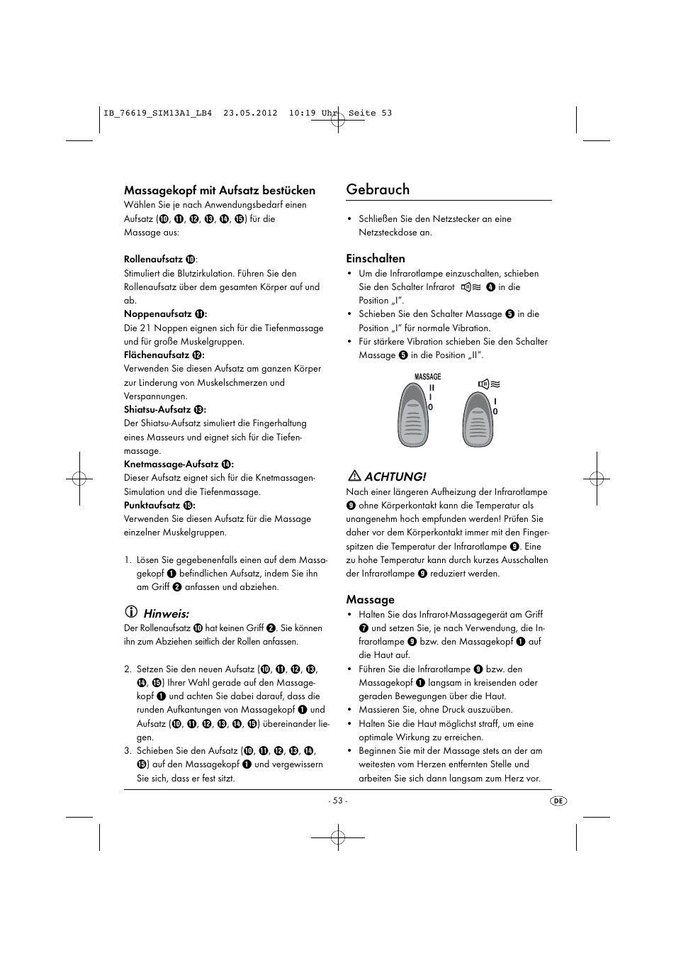 Gebrauch, Massagekopf mit aufsatz bestücken, Hinweis | Einschalten, Achtung, Massage | Silvercrest SIM 13 A1 User Manual | Page 55 / 57