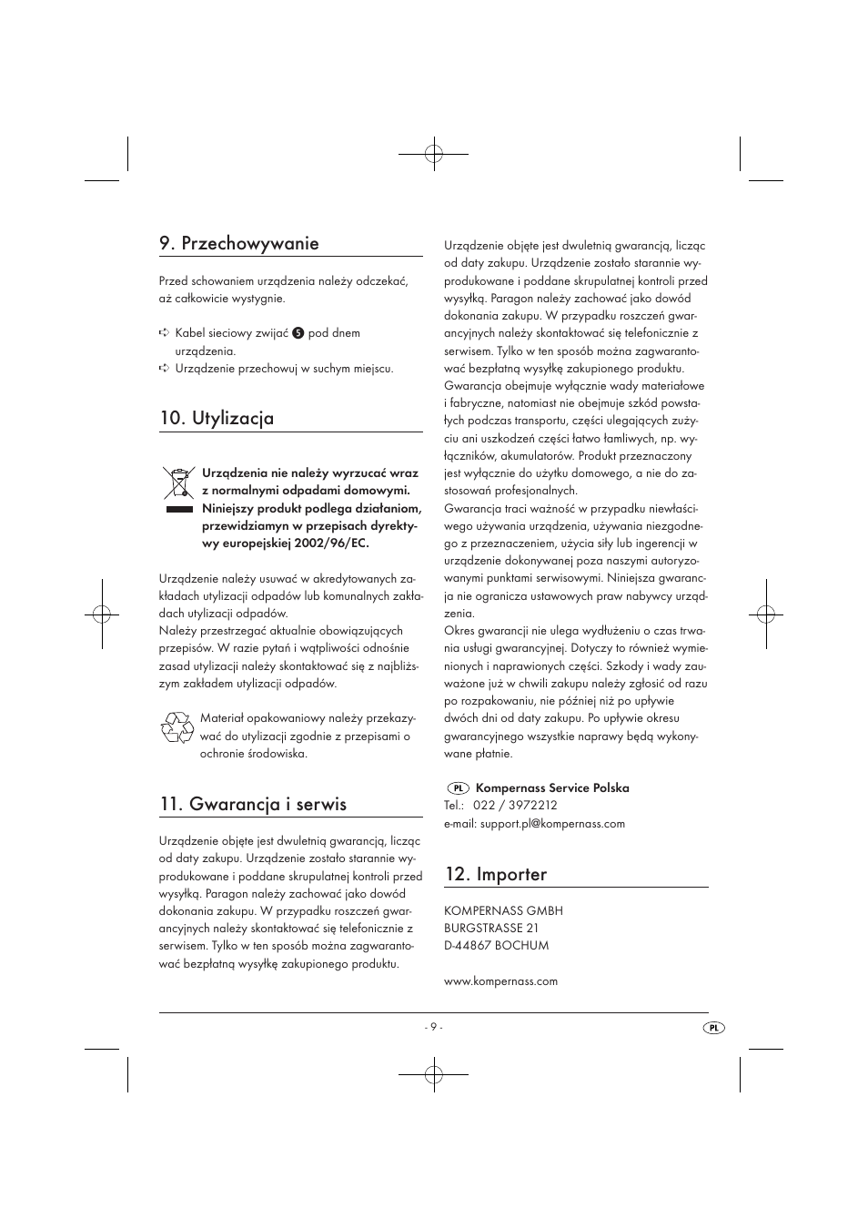 Przechowywanie, Utylizacja, Gwarancja i serwis | Importer | Silvercrest SEKD 400 A1 User Manual | Page 11 / 28